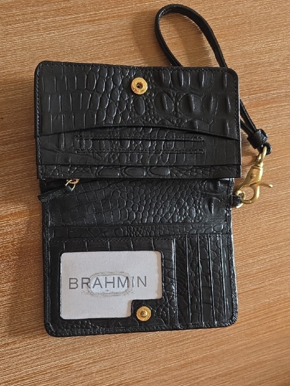 Brahmin Black Croc-Embossed Leather Wristlet Card Case with Gold Hardware - Picture 3 of 5